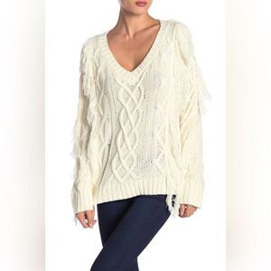 Endless Rose Cable Knit Fringe Sweater Large Ivory Neutral‎ NWT